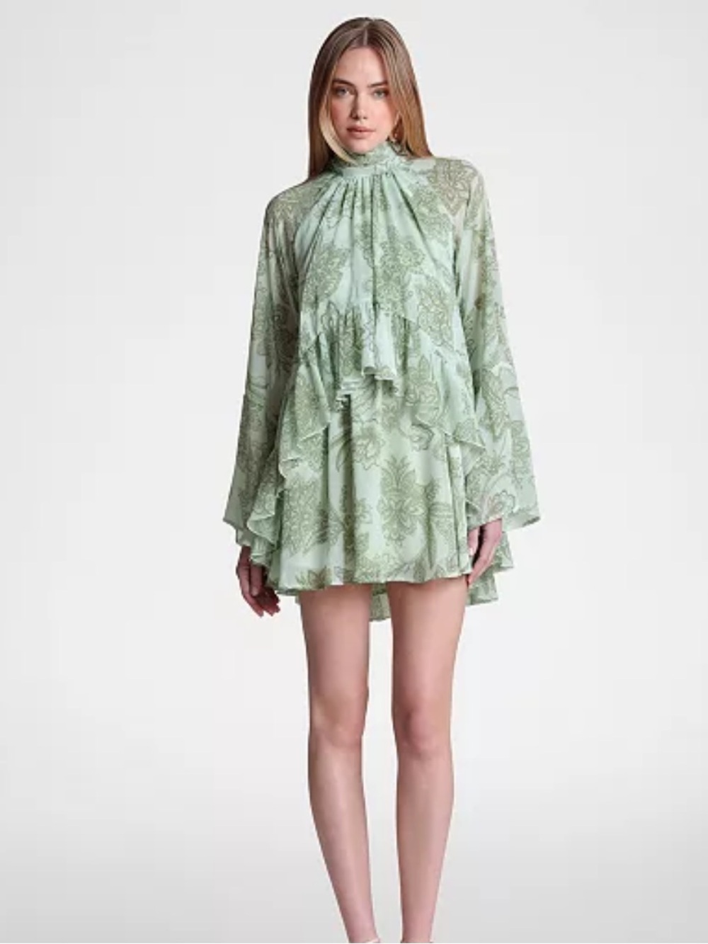 NWT Avec Les Filles Women's Mock Neck Tiered Ruffle Mini Dress M - Picture 2 of 8